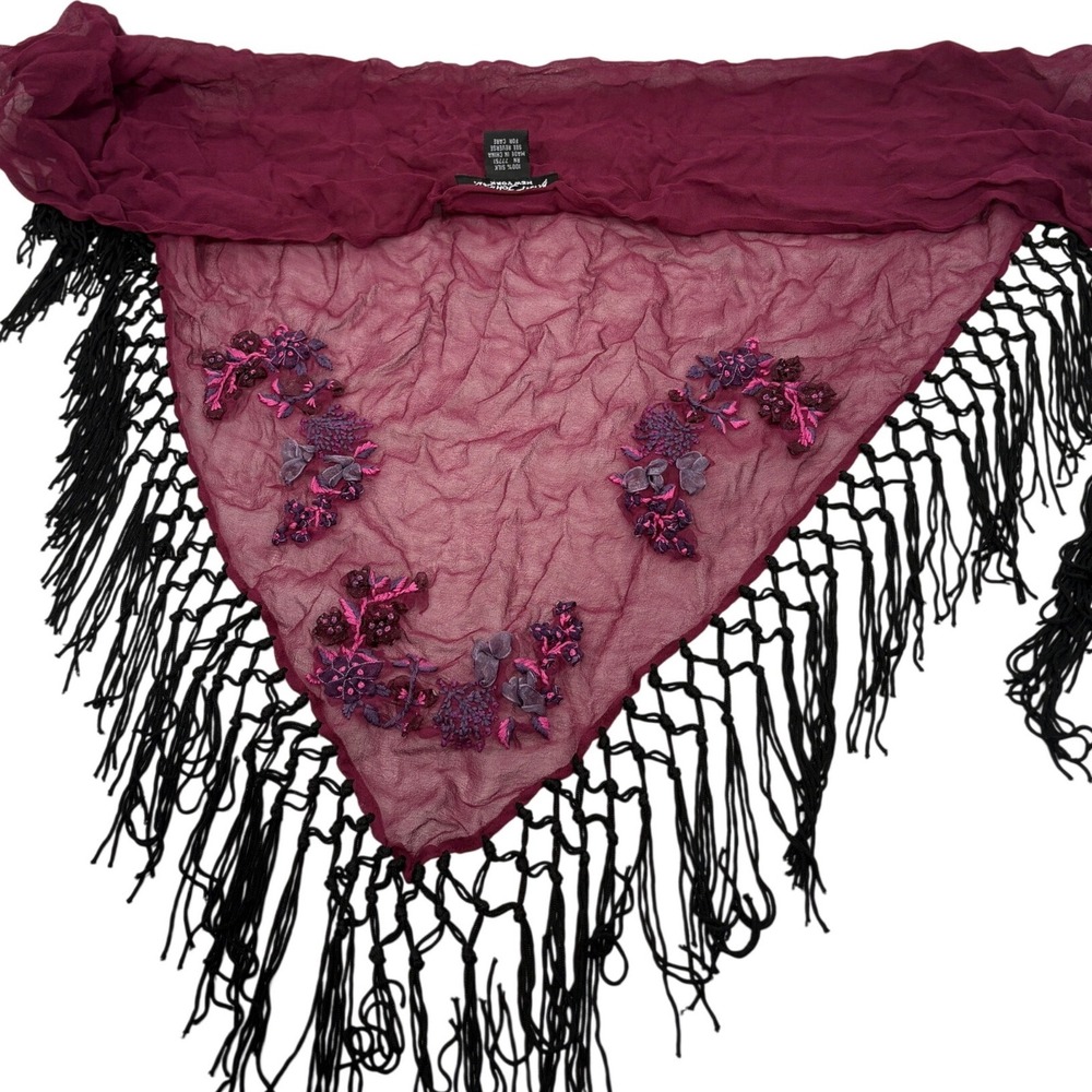 Vintage Betsey Johnson Silk Triangle Shawl Burgundy Floral Embroidery Fringe Y2K